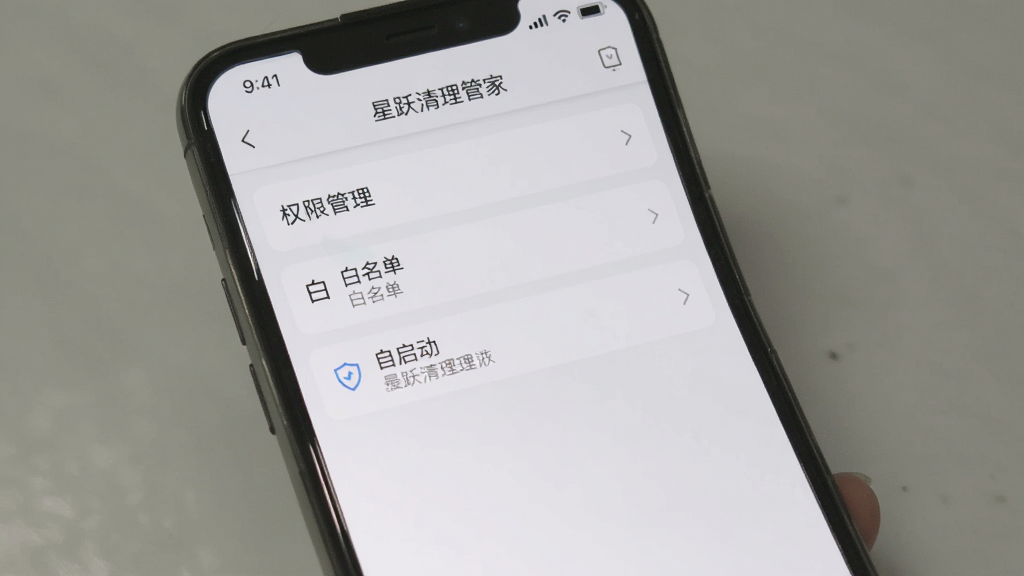 手机屏幕显示“星跃清理管家”的设置页面,画面中有权限管理、白名单、自启动管理等选项,界面以浅灰色和白色为主,风格素雅极简,布局清晰,画质干净,适合作为使用教程配图。
