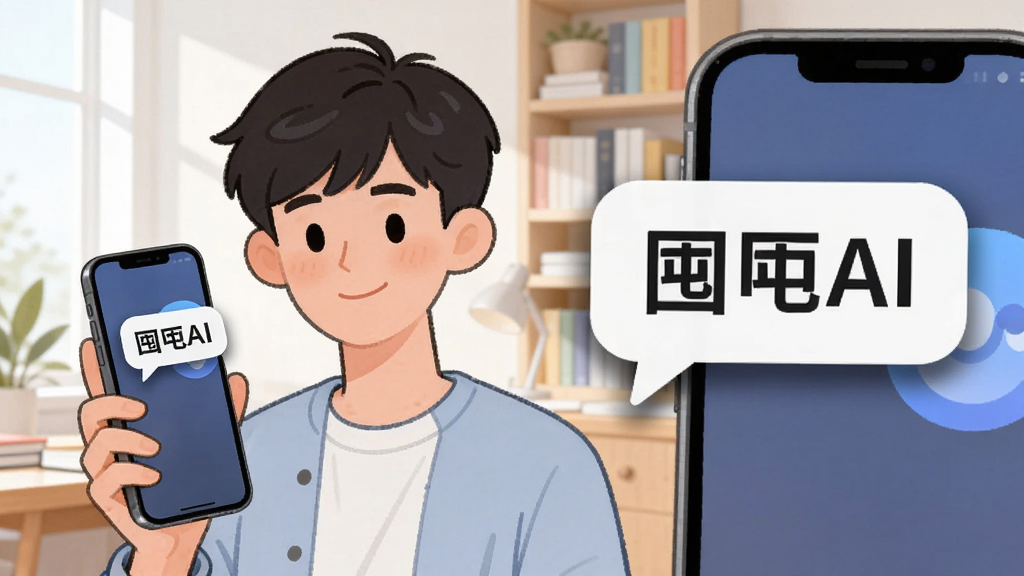 画面主体为一位年轻用户手持手机,手机屏幕中弹出对话气泡,气泡内写有“囤囤AI”字样,背景为明亮的书房环境,布局采用左侧人物右侧屏幕特写,风格为清新插画风,细节上气泡有柔和阴影,人物表情轻松,画质干净高清,无多余元素