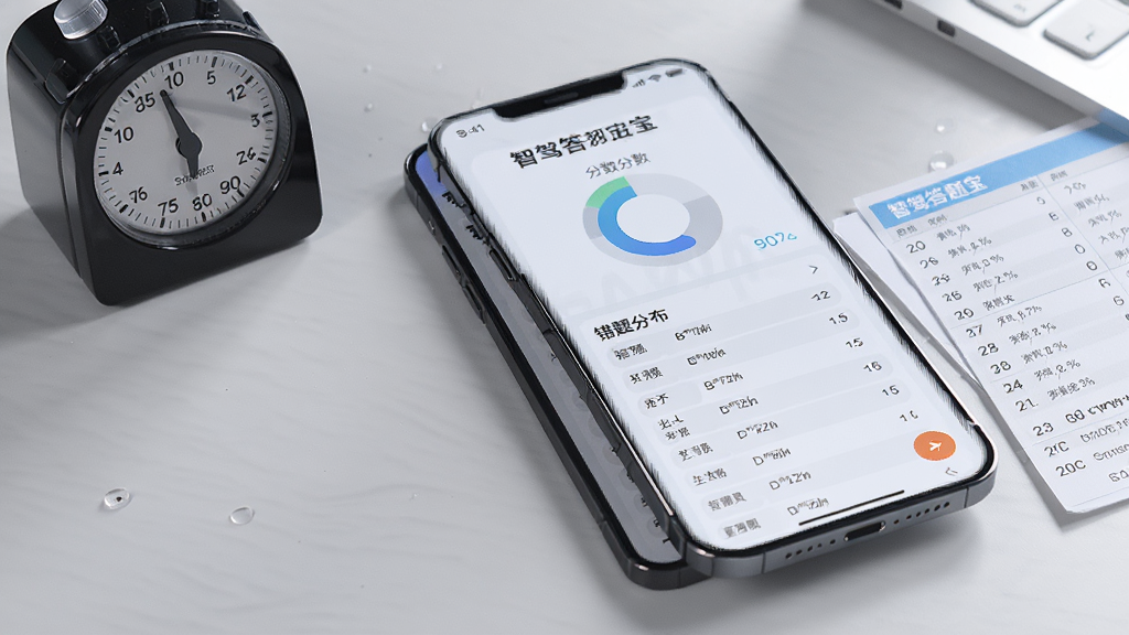 画面主体为一部手机,屏幕显示智驾答题宝模拟考试成绩页面,包含分数圆形图表与错题分布列表,手机旁边放置一个计时器与一张答题卡,背景为浅灰色桌面,整体风格为写实科技风,光线柔和,细节丰富,画质高清,画面干净无多余元素