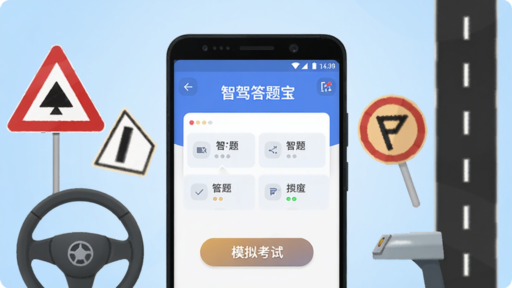 画面中央放置一部安卓手机,手机屏幕显示智驾答题宝应用主界面,界面中包含答题选项卡与模拟考试按钮,手机周围环绕交通标志、方向盘、道路标线等元素,背景为浅蓝色渐变,整体采用扁平化科技插画风格,画面干净整洁,文字清晰可辨,画质高清,无多余装饰元素