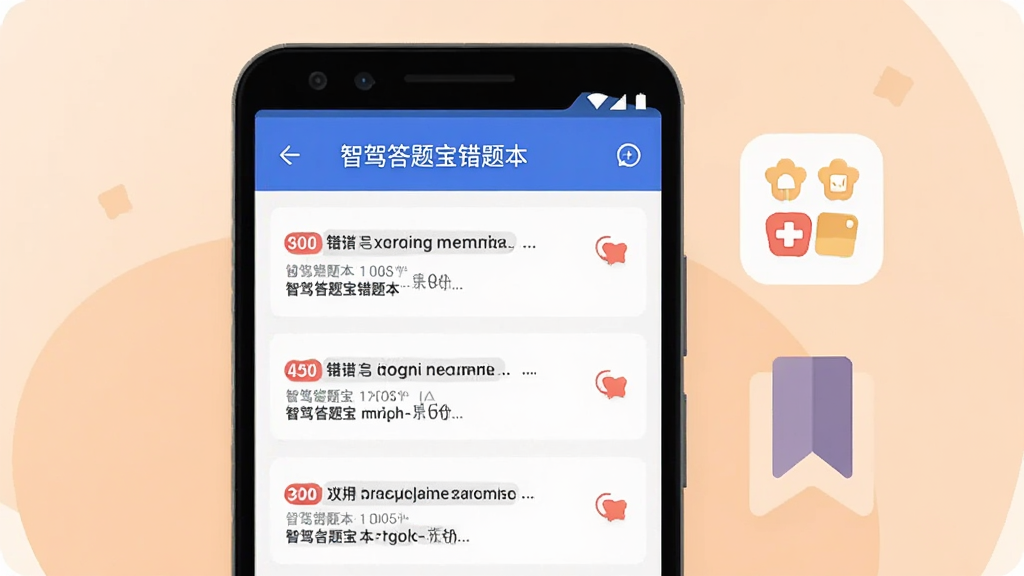 一部安卓手机放置在画面中央,屏幕显示智驾答题宝错题本界面,界面中列出多道错题并带有红色标记,手机右侧漂浮着收藏夹图标与书签图形,背景为柔和的浅橙色,整体风格为扁平插画,构图平衡,画质清晰,画面干净整洁