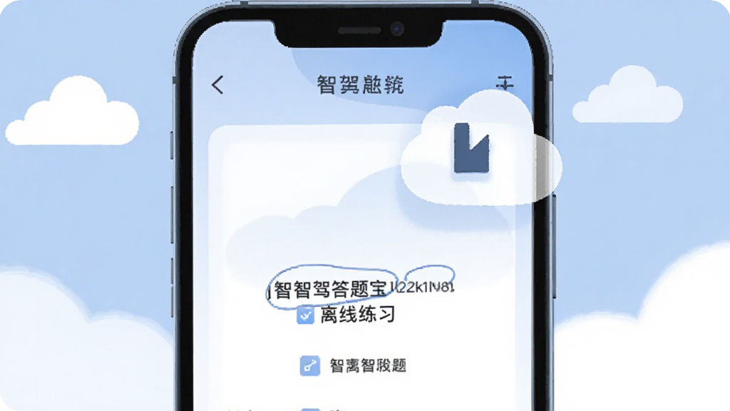 画面展示一部手机与一个云朵图标,手机屏幕显示智驾答题宝离线练习界面,云朵图标带有下载箭头,背景为浅蓝色天空与白色云朵,整体风格为简约扁平插画,构图居中,色彩柔和,画质高清,画面干净无杂乱元素