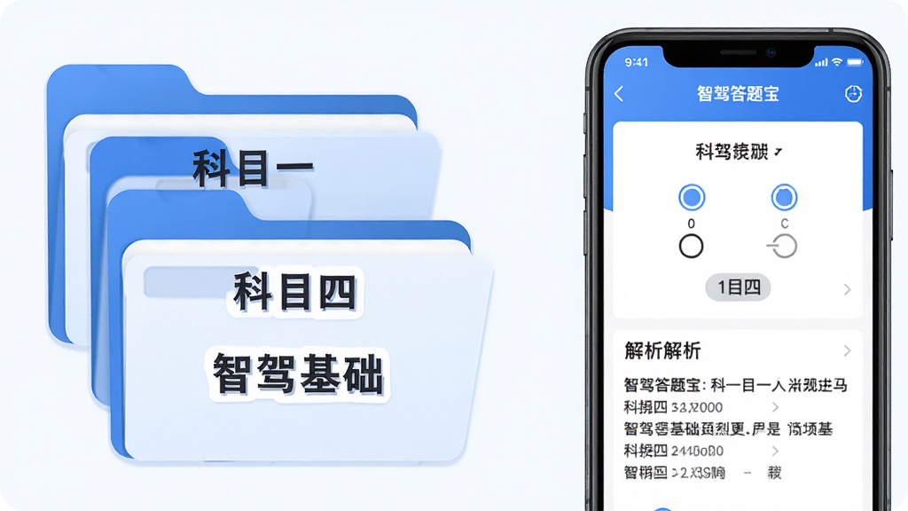 一张横向构图的插画,画面左侧为分类文件夹图标,文件夹上标注“科目一”“科目四”“智驾基础”等字样,右侧为手机屏幕展示智驾答题宝的答题界面,屏幕中有一道选择题与解析区域,整体配色以蓝白为主,风格简洁明快,细节清晰,画质干净高清,无杂乱元素
