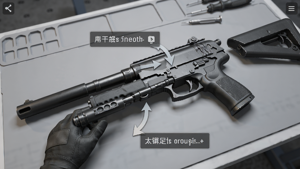 枪械定制模拟器新手教程界面,画面中一只手正在拖动枪管零件到枪械主体上,屏幕上有引导箭头和文字提示,背景为简洁的浅灰色工作台,风格写实,细节清晰,画质高清,干净,无多余元素