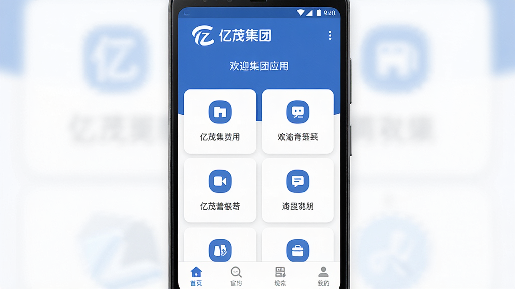 亿茂集团官方移动应用主界面展示,主体为一部安卓手机竖屏显示App首页,布局上方是品牌Logo与欢迎语,中间为功能卡片网格排列,下方为底部导航栏,风格简洁商务现代,细节包含蓝白配色、圆角图标、清晰文字排版,画质高清干净无多余元素