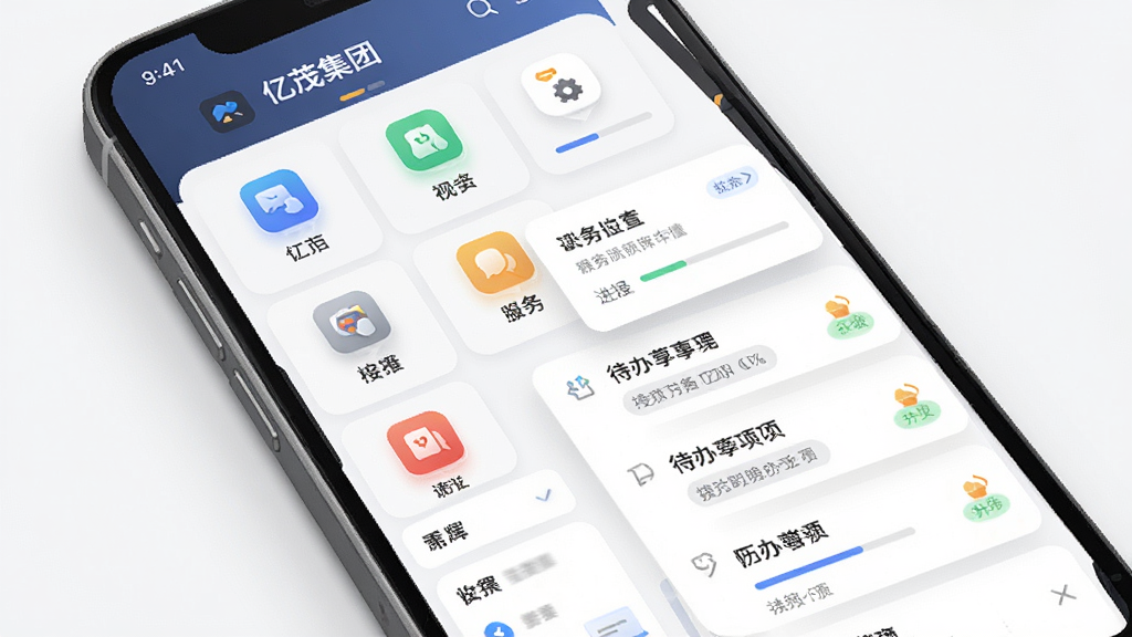 亿茂集团App业务协同功能界面,主体为手机屏幕展示多个功能图标与待办事项列表,布局为宫格加列表混合排版,风格专业稳重,细节包含图标阴影、进度条、状态标签,画质高清干净无多余元素