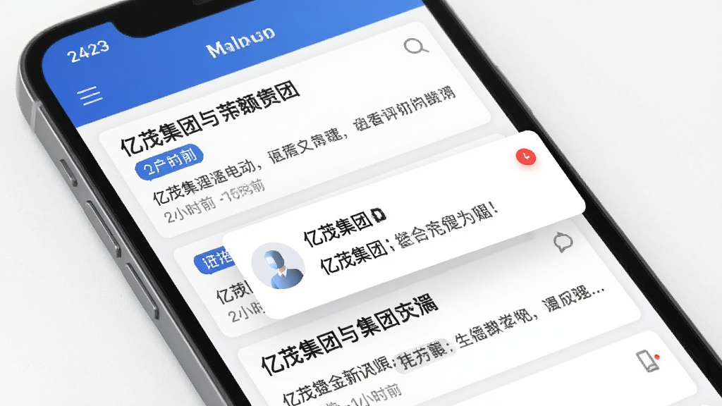 亿茂集团App资讯页面展示,主体为手机屏幕中呈现新闻列表与推送通知弹窗,布局为标题加摘要的卡片式排列,风格商务简洁,细节包含蓝色标签、时间戳、未读红点,画质清晰干净无多余元素