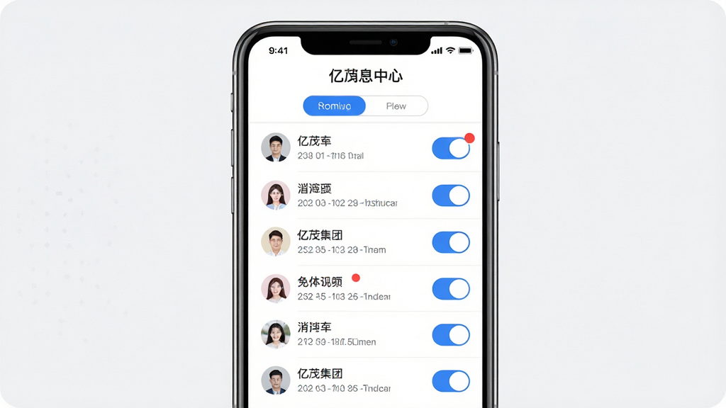 亿茂集团App消息中心页面,主体为手机屏幕中显示分类消息列表与设置开关,布局为顶部标签切换加下方列表,风格清爽简约,细节包含头像、时间、红点角标、开关按钮,画质清晰干净无多余元素
