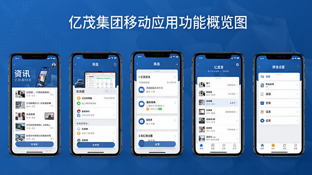 亿茂集团移动应用功能概览图,主体为多部手机并排展示不同功能界面,布局为横向排列,风格统一商务蓝调,细节包含资讯、消息、业务、设置等页面缩略图,画质高清干净无多余元素