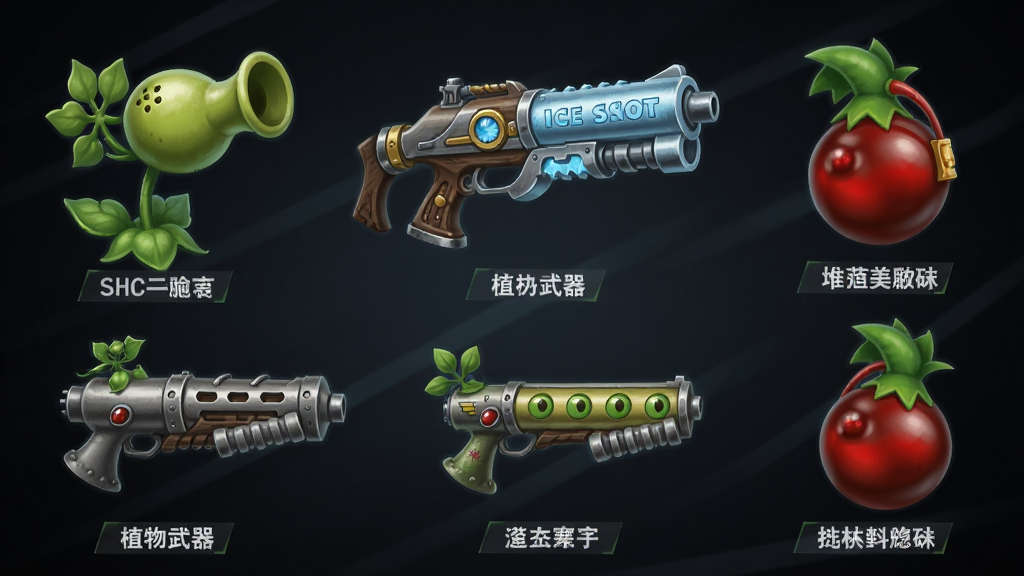 多种植物武器排列展示图,包括豌豆射手枪、寒冰射手枪、樱桃炸弹手雷等,每种武器旁标注名称,背景为深色渐变,排版整齐,风格统一,细节精致,画质清晰