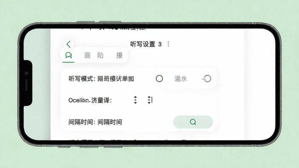 上教英语单词听写功能界面示意图,画面中手机屏幕显示单词听写设置面板,包含听写模式、数量选择、间隔时间等选项,背景为柔和浅绿色,风格清爽,排版整齐,画质清晰,无多余元素
