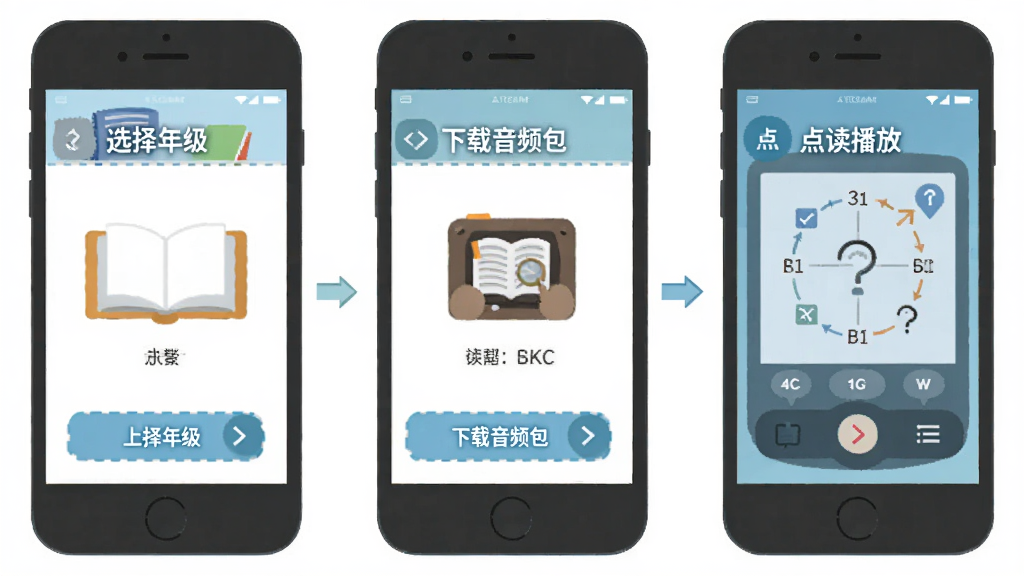 上教英语功能操作流程图,画面以手机界面形式展示从选择年级、下载音频包到点读播放的三个步骤,布局为横向排列的三部手机示意图,风格扁平化教育风,细节清晰,画质干净,无多余元素