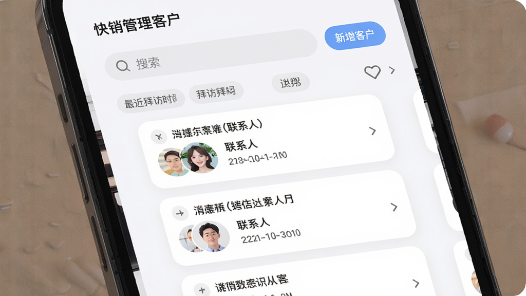 快销客客户管理界面,手机屏幕显示客户列表和拜访记录卡片,每个卡片包含门店名称、联系人头像、最近拜访时间,右上角有新增客户按钮,风格为柔和圆角卡片式设计,细节包括搜索框和筛选标签,画质高清干净无多余元素