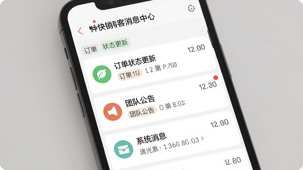 快销客消息中心界面,手机屏幕显示通知列表,包含订单状态更新、团队公告和系统消息,每条消息左侧有对应图标,右侧有时间戳,风格为素雅极简白底设计,细节包括未读红点和分类标签,画质高清干净无多余元素