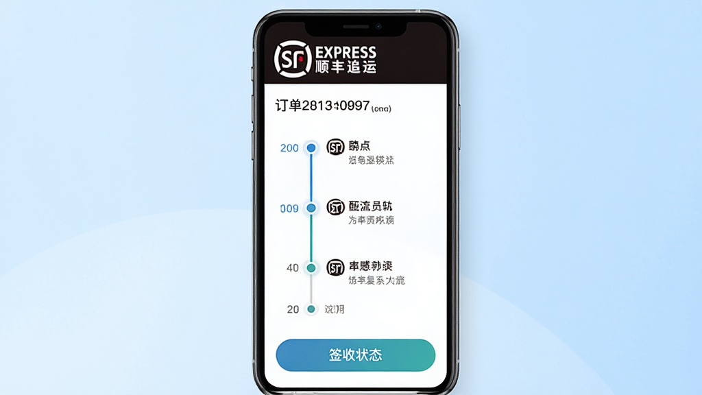 快销客应用内顺丰订单追踪界面,手机屏幕中央显示物流轨迹时间轴,上方有顺丰品牌标识和订单编号,下方有签收状态按钮,背景为浅蓝色渐变,风格为清新商务,细节包括时间节点圆点和配送员信息,画质高清干净无多余元素