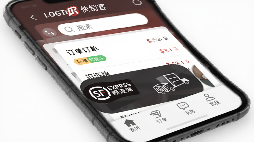 手机屏幕中显示快销客应用主界面,上方是品牌Logo和搜索栏,中间是订单列表和物流追踪卡片,下方是底部导航栏包含首页、订单、消息、我的四个图标,整体布局简洁清晰,风格为现代扁平化商务风,细节包括订单状态标签和顺丰物流图标,画质高清干净无多余元素