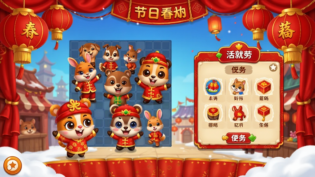 开心消消乐节日活动界面,展示春节主题的红色装饰和灯笼元素,画面中有穿着节日服装的小动物形象和活动任务面板,风格喜庆热闹,色彩丰富,画质高清干净