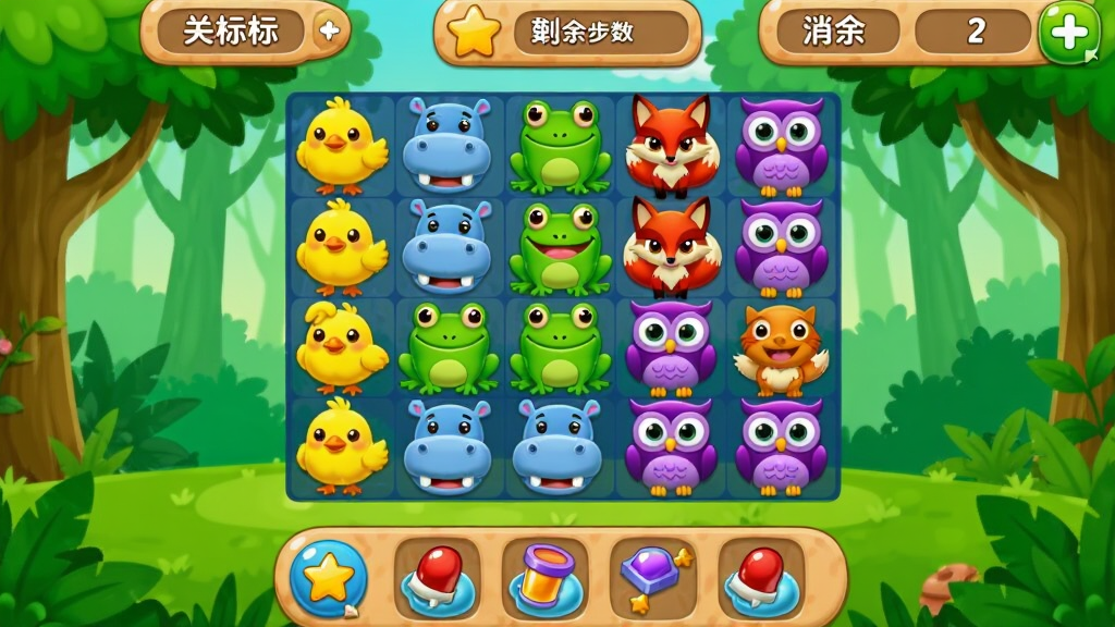 开心消消乐游戏主界面截图,画面中展示清新明亮的绿色森林背景,中央是排列整齐的彩色小动物方块,包括黄色小鸡、蓝色河马、绿色青蛙、红色狐狸和紫色猫头鹰,界面顶部显示关卡目标和剩余步数,底部有道具栏,整体风格卡通可爱,色彩饱和度高,画质清晰干净,无多余元素