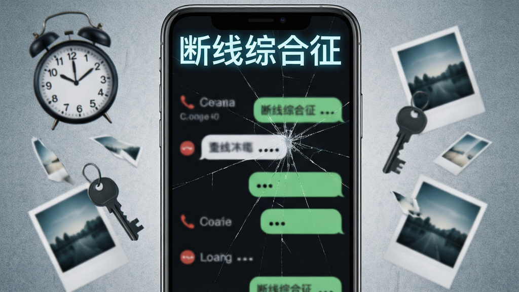 画面中心是一部智能手机屏幕,屏幕上显示多条未接来电与聊天对话气泡,气泡内容以模糊文字呈现;布局采用居中对称,手机两侧漂浮着时钟、钥匙、照片等记忆碎片;排版上软件名称“断线综合征”以发光字体显示在屏幕顶部;风格为现代数字悬疑风,细节包括屏幕裂纹、气泡中的省略号、背景的噪点纹理;画质高清,干净,无多余元素