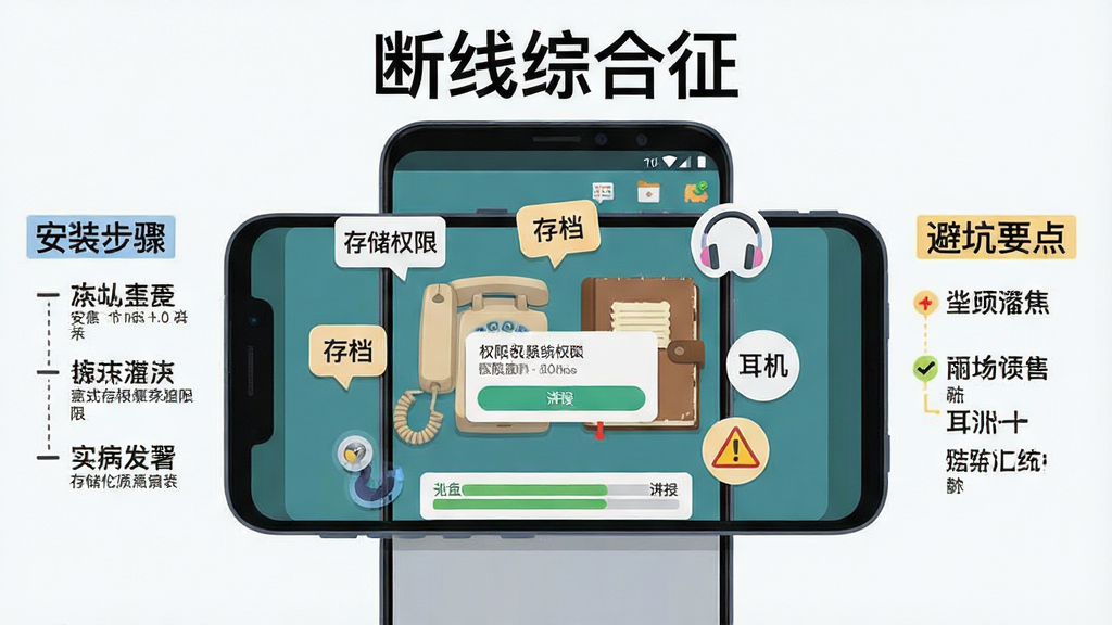画面主体为一部安卓手机横屏显示游戏界面,界面中央是旧电话机与日记本,周围漂浮着“存储权限”“存档”“耳机”等图标标签;布局采用手机外框与内部UI分层展示,左侧标注安装步骤,右侧标注避坑要点;排版上“断线综合征”以标题形式出现在手机上方;风格为扁平化教程图解,细节包括权限弹窗、进度条、警告三角符号;画质高清,干净,无多余元素