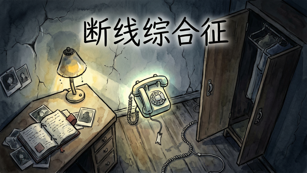 画面主体为一间昏暗的老旧公寓房间,中央放置一台亮着微光的旧式电话机,电话线被剪断悬在半空;布局采用俯视与斜角透视结合,左侧是散落的日记本与照片,右侧是半开的衣柜门;排版上游戏标题“断线综合征”以手写体悬浮在画面上方;风格为手绘水彩与暗黑童话混合,细节包括墙上的裂纹、闪烁的台灯光晕、地板上蜿蜒的电话线;画质高清,干净,无多余元素