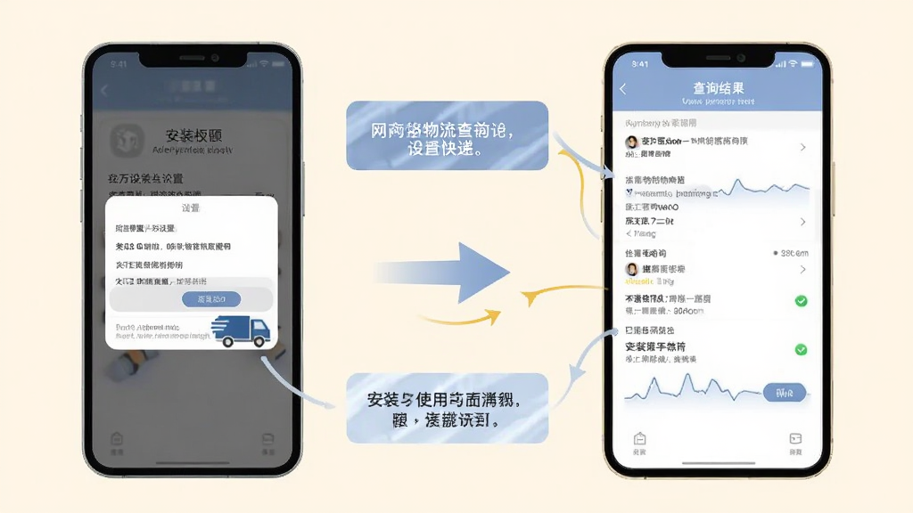 网上查物流快递在安卓手机上的安装与使用教程示意图,手机屏幕展示安装权限设置页面和查询结果页面,背景为浅色,带有箭头指引和提示文字框,风格简洁说明性,排版清晰,画质高清,干净无多余元素