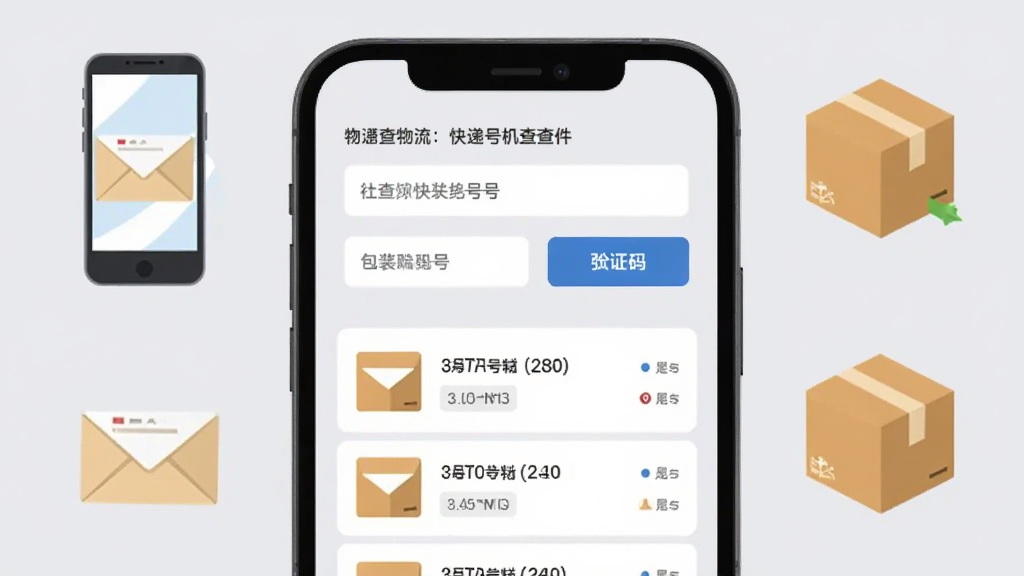 网上查物流快递手机号查件功能界面,手机屏幕显示手机号输入框和验证码按钮,下方列出关联的快递包裹列表,背景为淡灰色,周围有手机、信封、包裹等图标装饰,风格扁平化,排版简洁,画质高清,干净无多余元素
