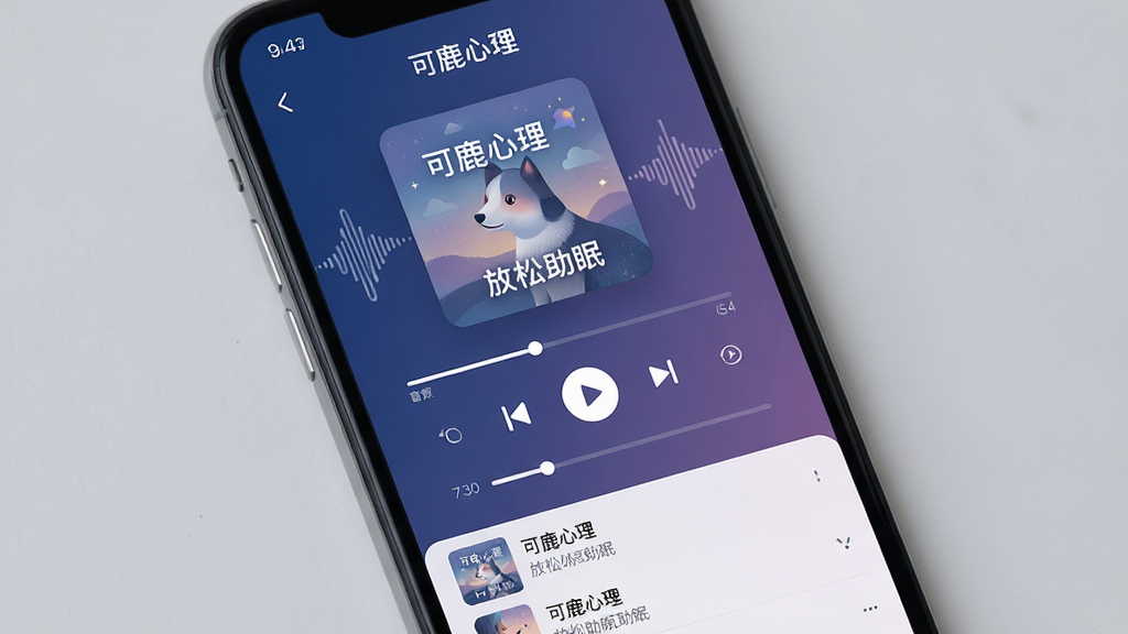 一张展示可鹿心理音频播放界面的手机截图,主体为手机屏幕上的音频播放器界面,布局中央为专辑封面与播放控制按钮,下方为音频列表,排版清晰,风格宁静柔和,色调以深蓝和紫色渐变为主,细节上体现波形动画与进度条,画质高清,画面干净,无多余元素,图片中文字标注