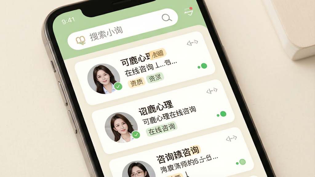 一张展示可鹿心理在线咨询功能的界面图,主体为手机屏幕上的咨询师列表页面,布局上方为搜索栏,下方为咨询师头像与简介卡片,排版规整,风格温和亲切,色调以浅绿和米白为主,细节上体现资质标签与在线状态标识,画质清晰,画面干净,无多余元素,图片中文字标注