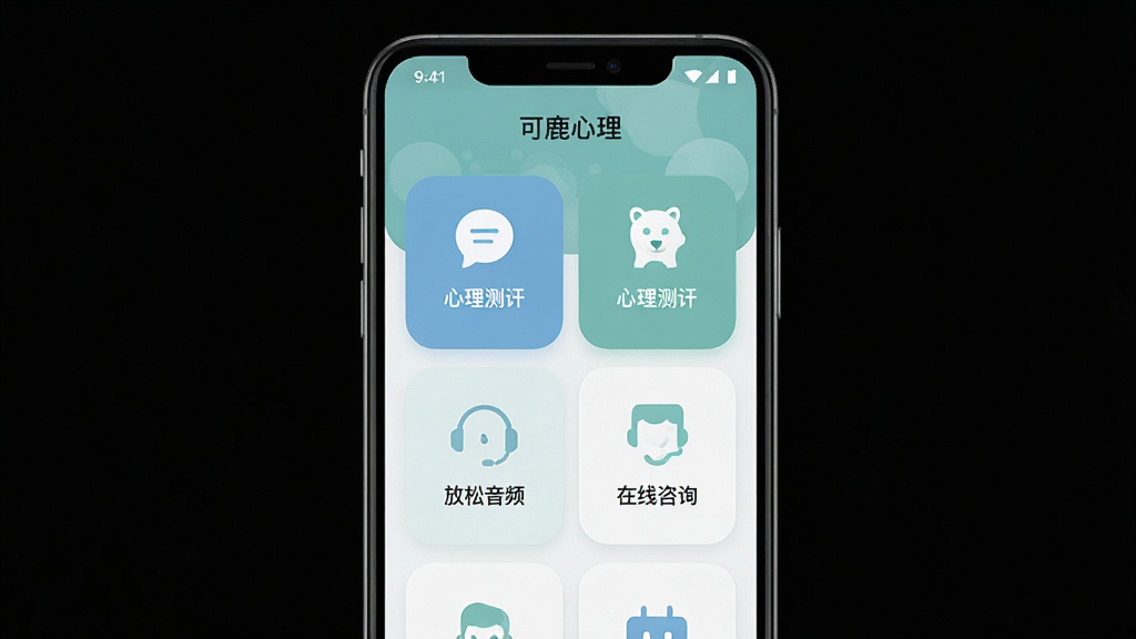 一张展示可鹿心理软件界面的手机预览图,主体为一部竖屏安卓手机,屏幕上显示可鹿心理APP的首页界面,包含心理测评、放松音频、在线咨询等图标模块,布局简洁清晰,排版以卡片式功能区为主,风格清新治愈,采用柔和的蓝绿色调,细节上体现圆角图标与留白设计,画质高清,画面干净,无多余元素,图片中文字标注
