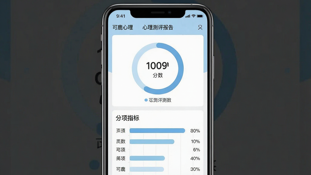 一张展示可鹿心理测评功能的界面截图,主体为手机屏幕上的心理测评报告页面,布局上方为环形分数图表,下方为分项指标条形图,排版整齐有序,风格简约专业,色调以浅蓝和白色为主,细节上体现数据可视化元素与文字说明,画质清晰,画面干净,无多余元素,图片中文字标注