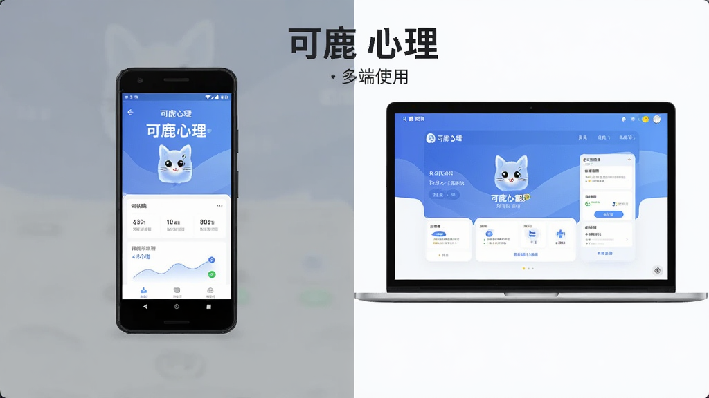 一张展示可鹿心理在手机与电脑模拟器上同时运行的对比图,主体为左侧一部安卓手机和右侧一台笔记本电脑,屏幕上均显示可鹿心理APP界面,布局左右并列,排版对称,风格科技简约,色调以蓝灰和白色为主,细节上体现设备边框与界面适配差异,画质高清,画面干净,无多余元素,图片中文字标注