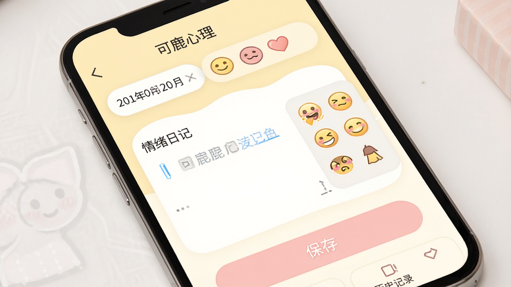 一张展示可鹿心理情绪日记功能的界面截图,主体为手机屏幕上的日记编辑页面,布局上方为日期选择与心情表情图标,中部为文字输入区域,下方为保存按钮,排版简洁,风格温暖柔和,色调以淡黄和浅粉为主,细节上体现表情选择器与历史记录入口,画质高清,画面干净,无多余元素,图片中文字标注