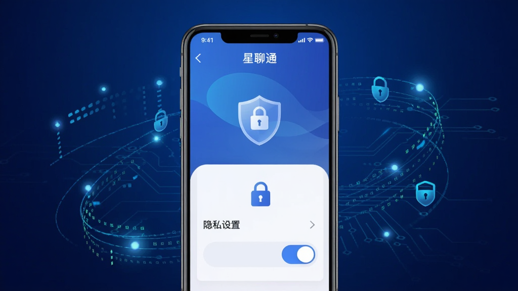画面以一部手机为中心,屏幕显示“星聊通”隐私设置界面,界面中有盾牌图标、锁形图标与开关按钮。背景为深蓝色科技感渐变,四周环绕数据加密线条与安全光点。风格简洁科技感,布局居中,细节精致,画质干净清晰,无杂乱元素。