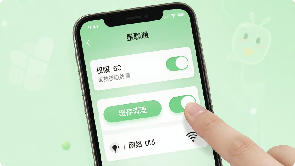 画面展示一部手机屏幕显示“星聊通”设置界面,旁边有手指点击开关按钮的动作示意。背景为浅绿色清新风格,界面元素包括权限开关、缓存清理按钮与网络状态图标。排版简洁明了,风格清新浅色,细节清晰,画质干净,无多余元素。