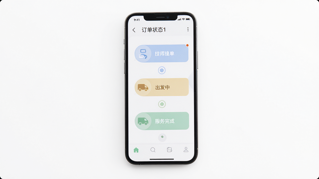 手机应用订单管理页面,画面展示订单状态跟踪界面,包含技师接单、出发中、服务完成等状态节点,界面配色柔和,手机置于简洁的白色背景前,构图居中,风格现代商务,细节清晰,画质高清,无多余装饰元素