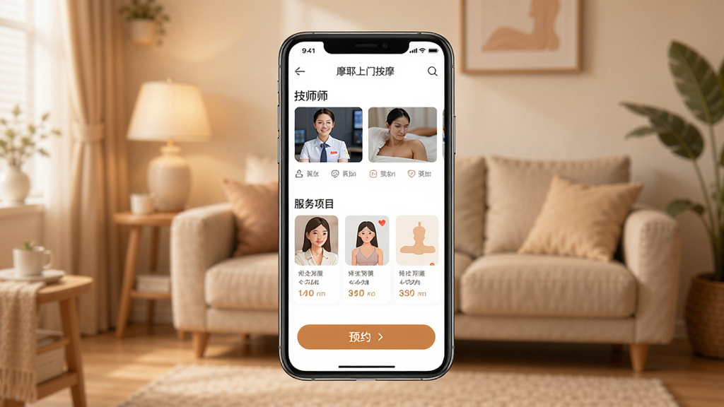 手机应用界面展示图,画面中央是一部智能手机,屏幕上显示摩耶上门按摩APP首页,页面中包含技师列表、服务项目卡片和预约按钮,背景为温馨的居家环境,色调柔和温暖,构图简洁干净,风格现代扁平化,细节清晰,画质高清,无多余元素