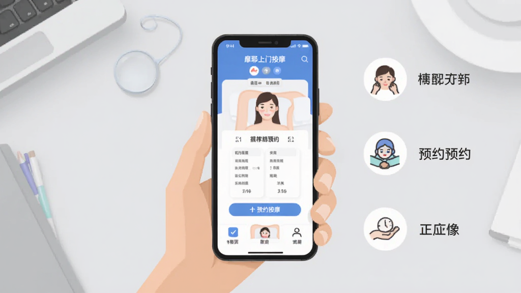 手机应用使用教程示意图,画面中一只手拿着手机,屏幕显示摩耶上门按摩APP的预约操作界面,旁边有简洁的步骤图标标注,背景为浅灰色桌面,构图清晰,风格扁平化教程插画,细节干净,画质高清,无杂乱元素