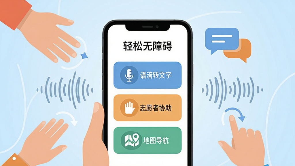 画面中央放置一部智能手机,手机屏幕显示“轻松无障碍”应用主界面,界面包含语音转文字、志愿者协助、地图导航三个大按钮。手机周围环绕着手部轮廓、声波纹理、对话气泡等元素,背景为柔和的浅蓝色渐变。整体风格温馨、干净、现代,扁平化设计,画质清晰,无多余杂物。