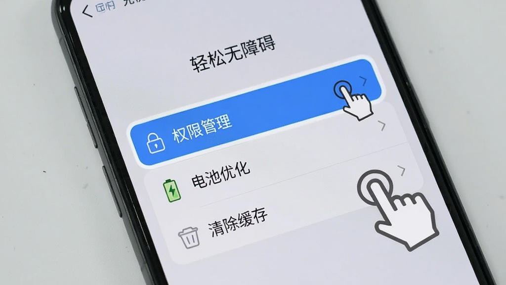 手机屏幕显示“轻松无障碍”应用设置界面,界面中高亮标注“权限管理”“电池优化”“清除缓存”三个选项,旁边有手指点击的图标。背景为浅灰色,风格简洁,画质清晰,无多余装饰。