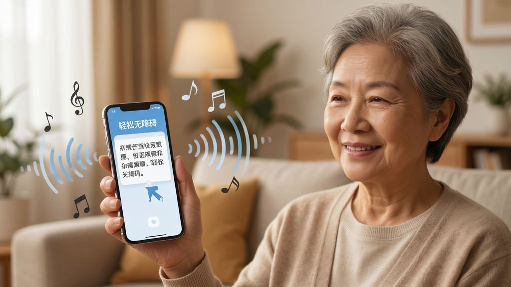 视障人士手持手机,手机屏幕显示“轻松无障碍”应用正在朗读一段文字,屏幕周围有音符与声波图形扩散。人物表情放松,背景为居家客厅环境,色调温暖,风格简约,画质高清,无多余元素。