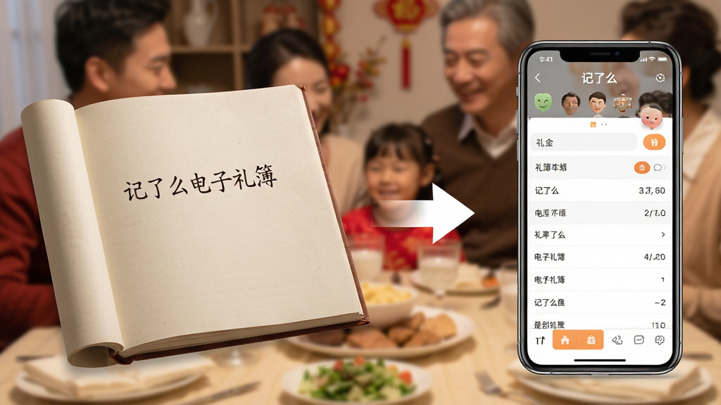 一张展示记了么电子礼簿功能的场景图,画面左侧是一本翻开的传统纸质礼簿,右侧是一部手机显示记了么电子礼簿界面,中间有箭头表示从纸质到电子的转换,手机屏幕上有“记了么”字样和礼金列表,背景为温馨的家庭聚会场景,风格写实,细节包括纸质纹理、手机屏幕反光、清晰的文字,画质高清,干净,无多余元素
