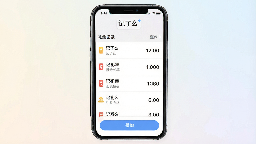 一张展示记了么软件主界面的手机屏幕截图,画面中央是一部现代智能手机,手机屏幕显示记了么电子礼簿应用界面,界面顶部有“记了么”三个字,中间是礼金记录列表,底部有添加按钮,背景为干净的浅色渐变,风格简洁清新,细节包括清晰的文字、图标和数字,画质高清,干净,无多余元素