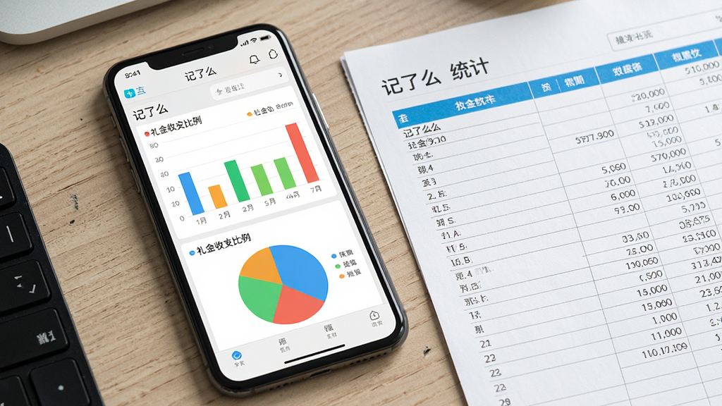 一张展示记了么数据统计功能的图片,画面中央是一部手机,屏幕显示记了么的统计图表界面,有柱状图和饼图展示礼金收支比例,图表颜色鲜明,手机旁边有一张打印出来的统计表格,背景为办公桌面,风格商务简洁,细节包括图表数据、表格线条、手机界面上的“记了么”字样,画质高清,干净,无多余元素