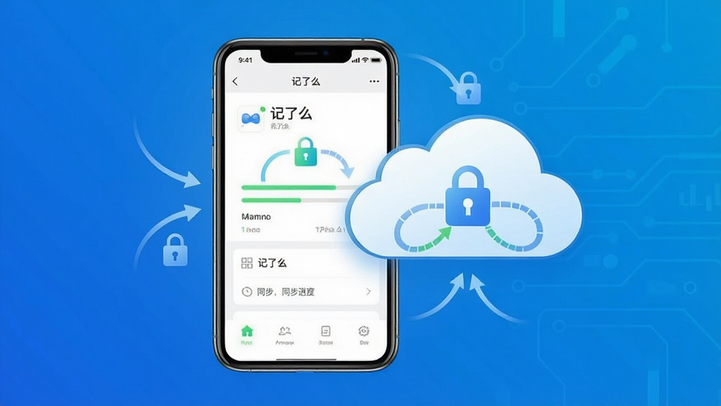 一张展示记了么云端同步功能的示意图,画面中央是一部手机和一朵云,手机屏幕显示记了么的同步进度界面,云朵上有锁形图标表示安全,背景为科技感蓝色渐变,风格现代简约,细节包括同步箭头、锁图标、手机屏幕上的“记了么”字样,画质高清,干净,无多余元素
