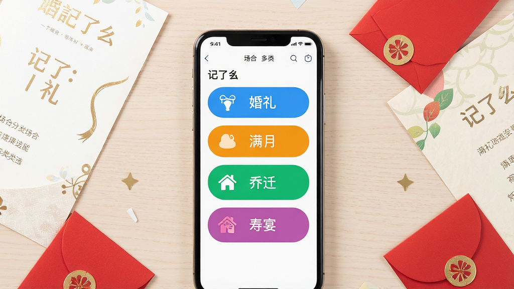 一张展示记了么多场合分类功能的图片,画面中央是一部手机,屏幕显示记了么的场合选择界面,有多个彩色标签如“婚礼”“满月”“乔迁”“寿宴”等,手机周围散落着对应的请柬和红包元素,背景为浅色桌面,风格清新活泼,细节包括标签文字、图标、请柬纹理,画质高清,干净,无多余元素