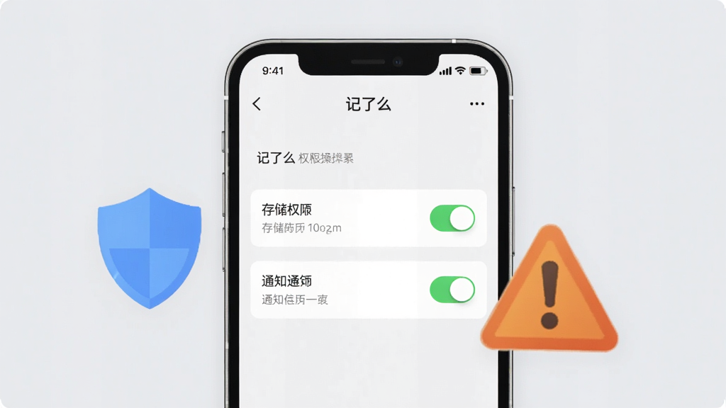 一张展示记了么新手操作的手机截图,画面中央是一部手机,屏幕显示记了么的权限设置界面,有存储权限和通知权限的开关,手机旁边有一个盾牌图标和警告标志,背景为浅灰色,风格简洁,细节包括权限文字、开关按钮、手机屏幕上的“记了么”字样,画质高清,干净,无多余元素