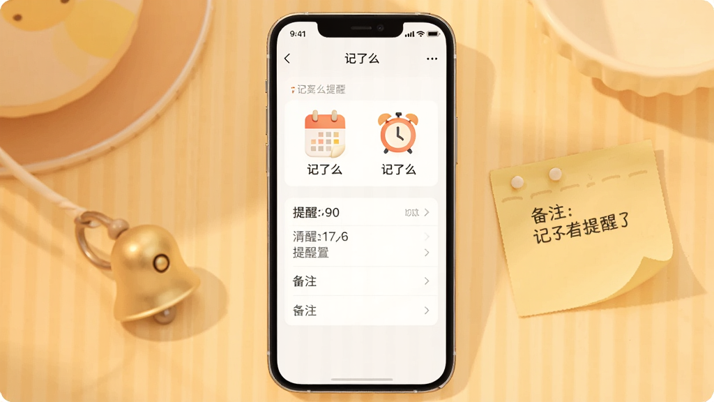 一张展示记了么提醒功能的图片,画面中央是一部手机,屏幕显示记了么的提醒设置界面,有日历图标和闹钟图标,手机旁边有一个小铃铛和一张便签纸,背景为温馨的暖色调,风格亲切,细节包括提醒时间、备注文字、手机屏幕上的“记了么”字样,画质高清,干净,无多余元素