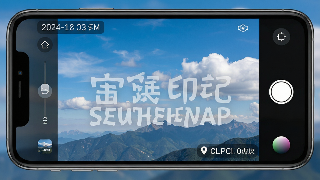 宙斯印记相机应用界面截图,展示实时水印叠加功能,画面中手机屏幕取景框内有一张风景照片,左上角显示日期时间,右下角显示地理位置文字,水印为半透明白色字体,背景是蓝天白云和山脉,风格简洁清新,细节包括设置滑块和颜色选择器,画质高清,干净,无多余元素