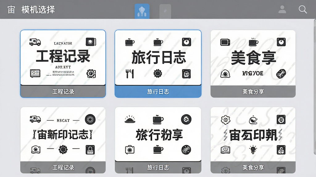 宙斯印记相机模板选择界面,画面中央排列多个水印模板缩略图,包括工程记录、旅行日志、美食分享等样式,每个模板展示不同的文字布局和图标元素,背景为浅灰色,风格为扁平化设计,细节包括模板名称标签和选中高亮效果,画质高清,干净,无多余元素